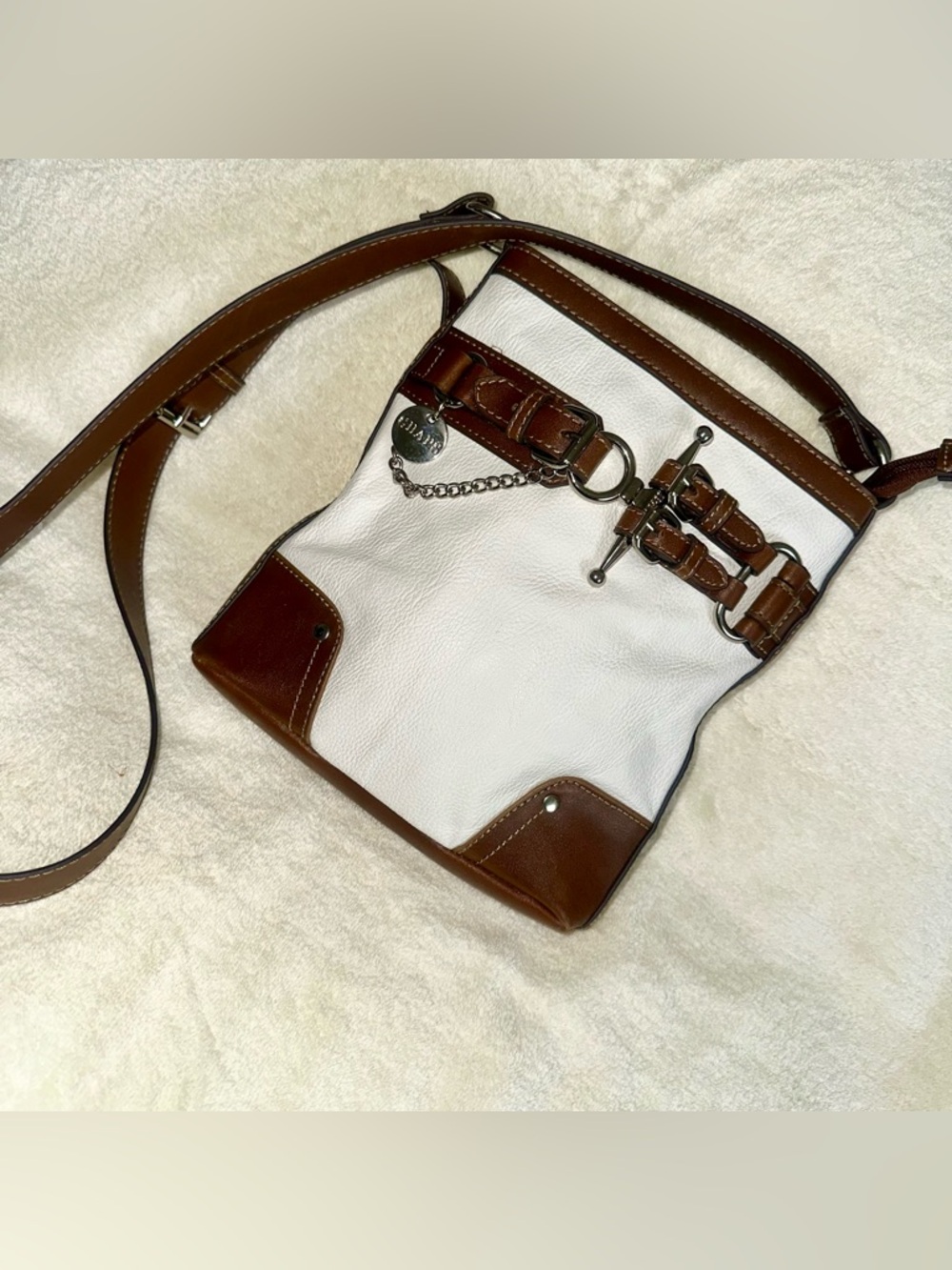 Chaps Vintage Crossbody Bag Ivory Brown Buckle Toggle Y2K Faux Leather Handbag